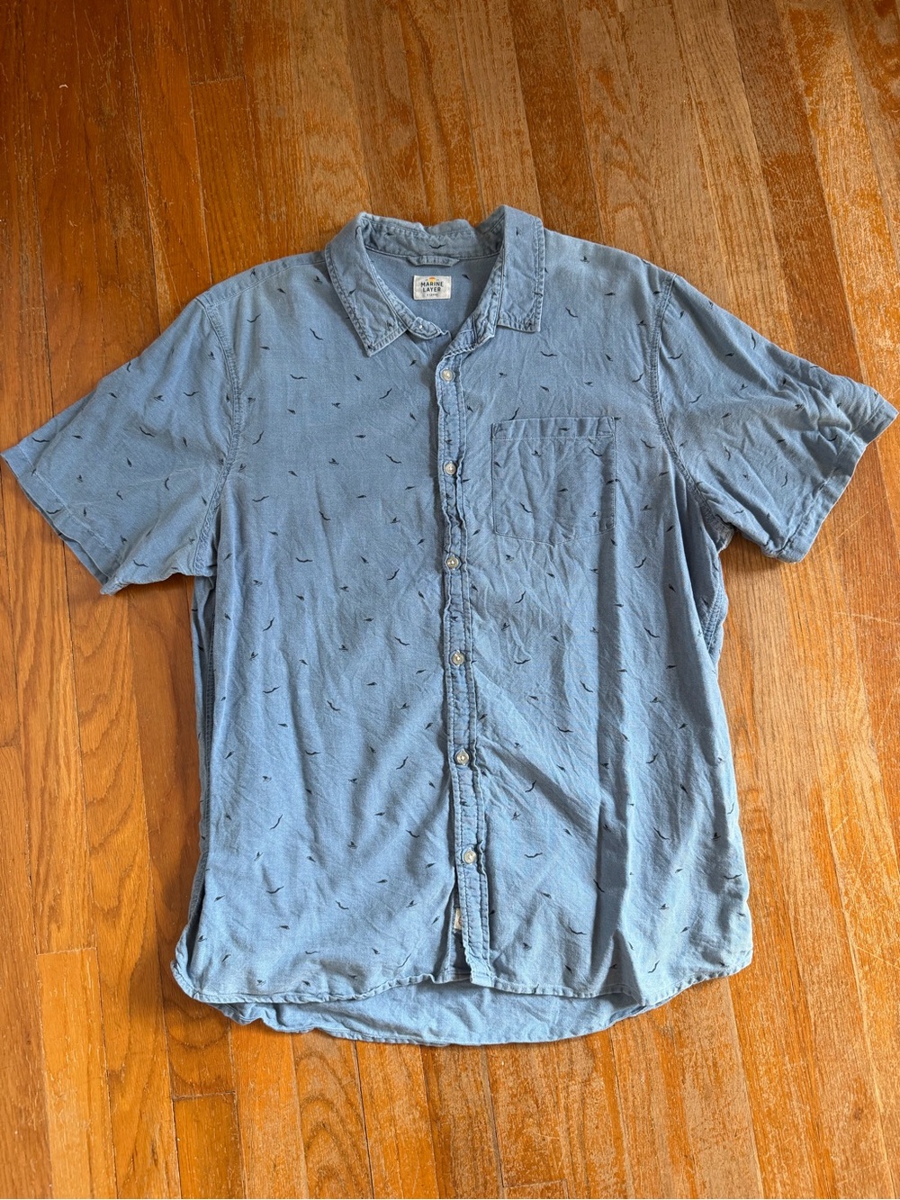 Marine Layer Light Blue Short-Sleeve Button-Up Shirt with fun diving print